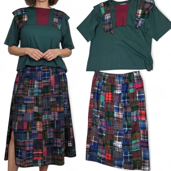 VTG 90s Jaybird Patchwork Plaid Maxi Skirt Top Set (M/L) Cottagecore Boho Grunge - Picture 1 of 16